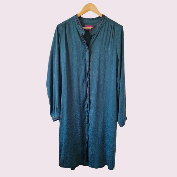 POM AMSTERDAM Teal Midi Dress Sz 4 Relaxed Fit High Neck Long Sleeve Lagenlook - Picture 3 of 11